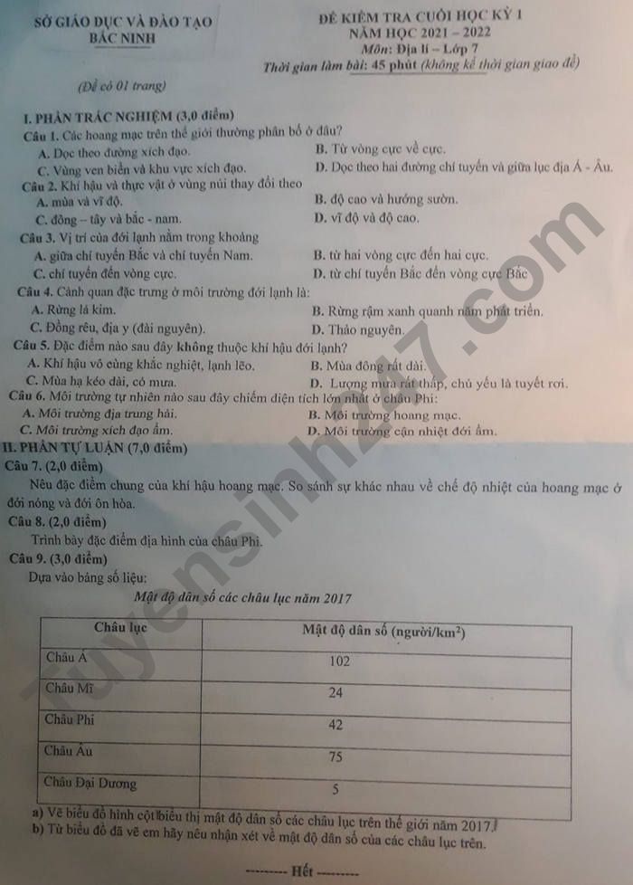 De thi cuoi ki 1 lop 7 mon Dia 2021 - So GD Bac Ninh