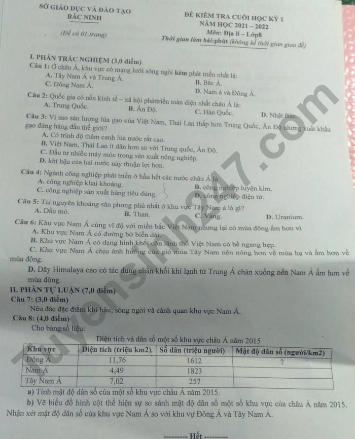 De thi hoc ki 1 nam 2021 tinh Bac Ninh mon Dia lop 8