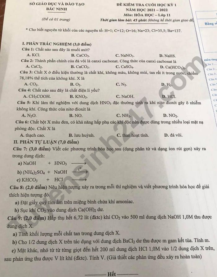 De thi cuoi ki 1 Hoa lop 11 nam 2021 So GD Bac Ninh