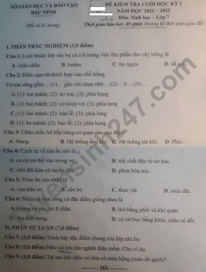De thi ki 1 nam 2021 - 2022 tinh Bac Ninh - mon Sinh lop 7