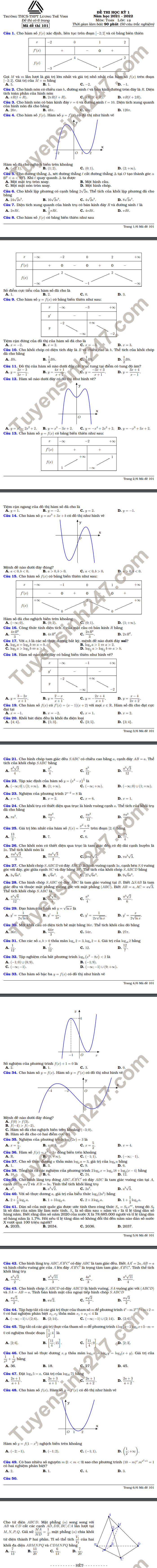 De thi hoc ki 1 lop 12 mon Toan 2021 - THCS THPT Luong The Vinh