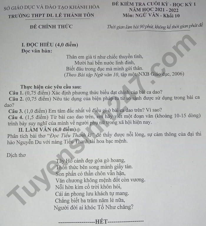 De thi ki 1 lop 10 mon Van 2021 - THPT DL Le Thanh Ton
