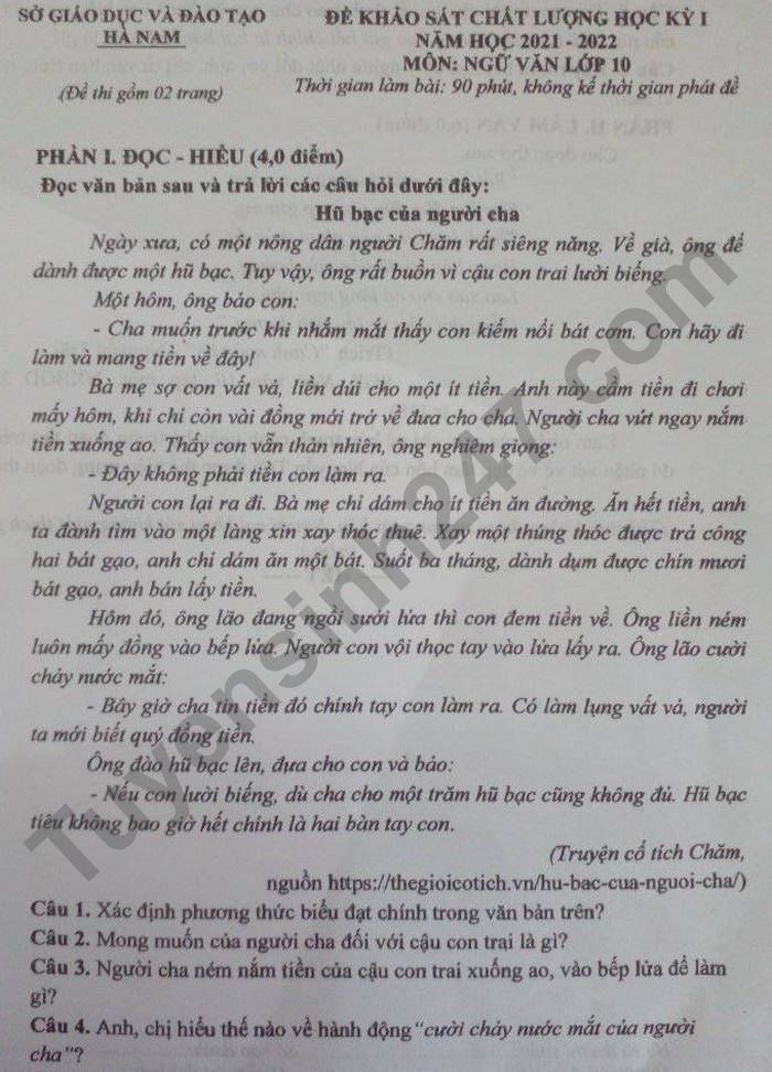 De thi hoc ki 1 nam 2021 Van lop 10 - tinh Ha Nam