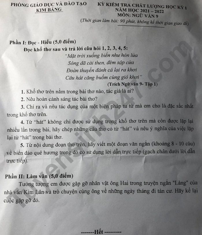 De thi ki 1 lop 9 mon Van - Phong GD Kim Bang 2021