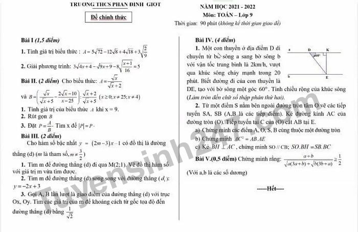 De thi hoc ki 1 mon Toan 9 THCS Phan Dinh Giot 2021