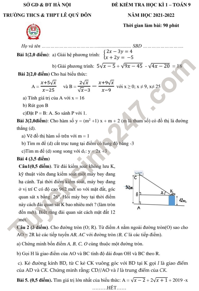 De thi hoc ki 1 Toan 9 nam 2021 - 2022 THCS&THPT Le Quy Don