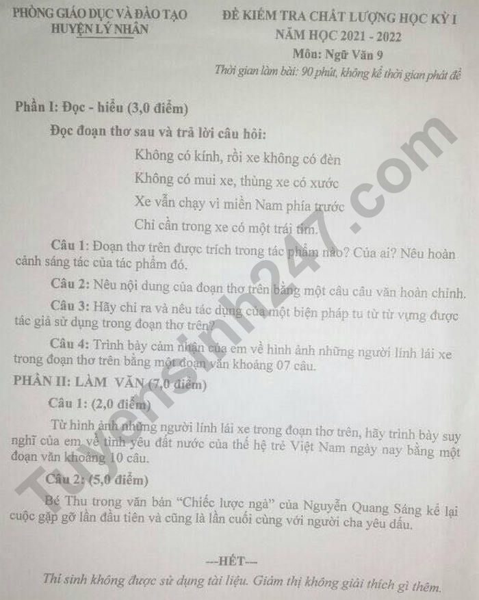 De thi hoc ki 1 Huyen Ly Nhan nam 2021 Van lop 9