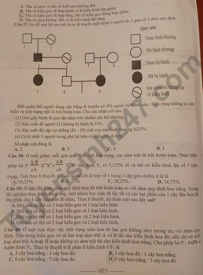 De thi ki 1 mon Sinh lop 12 tinh Ha Nam 2021