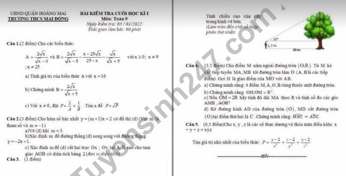 De thi hoc ki 1 mon Toan lop 9 THCS Mai Dong 2021