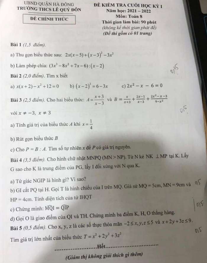 De thi hoc ki 1 THCS Le Quy Don nam 2021 mon Toan 8