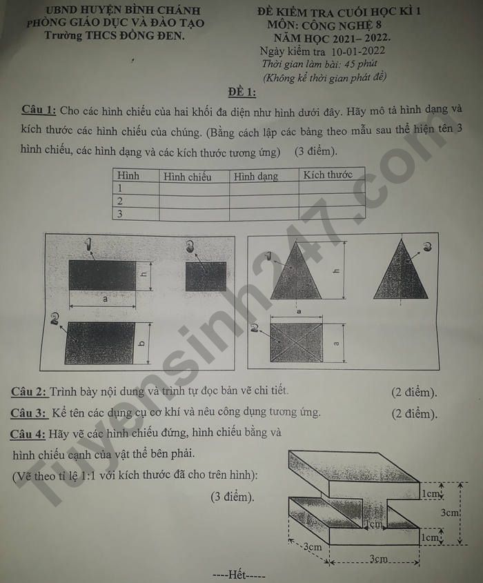 De thi hoc ki 1 Cong nghe lop 8 THCS Dong Den 2021