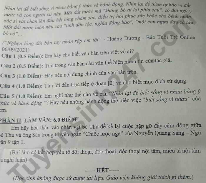 De thi ki 1 nam 2021 THCS Nguyen Huu Tho lop 9 mon Van
