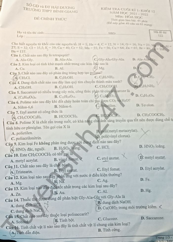 De thi hoc ki 1 THPT Binh Giang nam 2021 - lop 12 mon Hoa