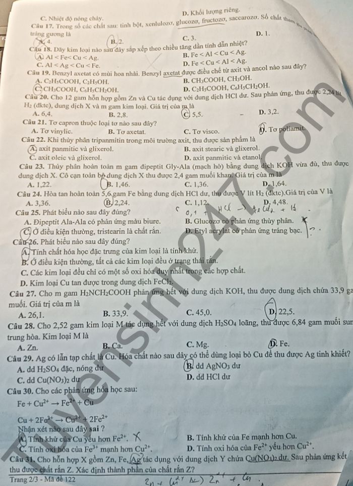 De thi hoc ki 1 THPT Binh Giang nam 2021 - lop 12 mon Hoa