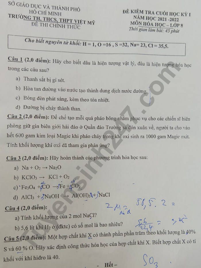 De thi hoc ki 1 mon Hoa 8 TH-THCS-THPT Viet MY 2021