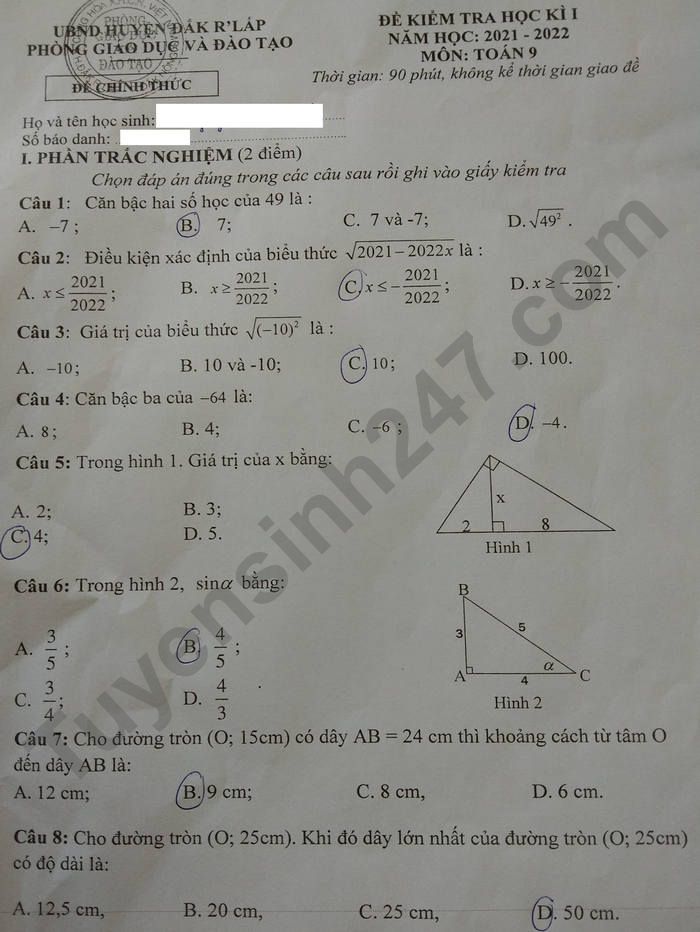 De thi ki 1 nam 2021 - 2022 Huyen Dak R\'Lap lop 9 mon Toan