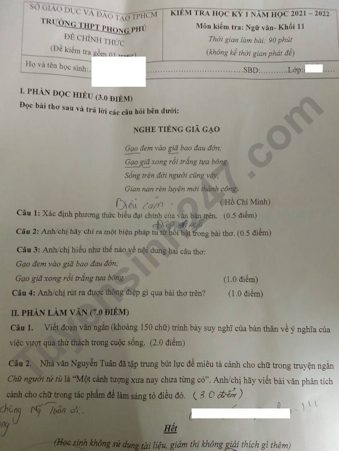 De thi ki 1 nam 2021 THPT Phong Phu lop 11 mon Van