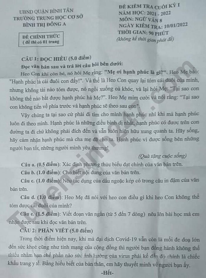 De thi ki 1 lop 8 mon Van 2021 - THCS Binh Tri Dong A