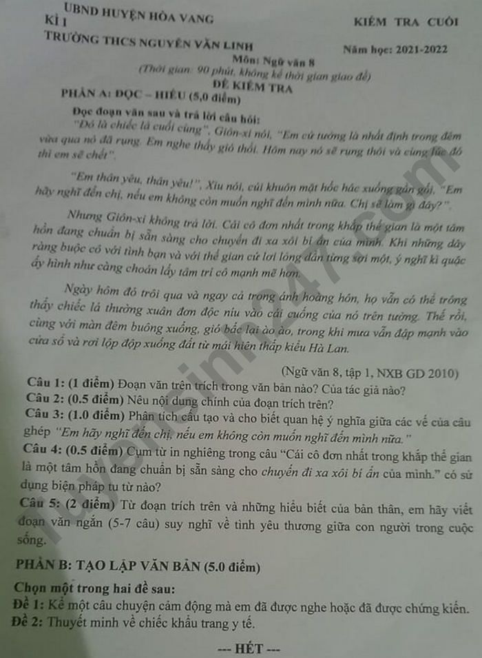 De thi cuoi ki 1 mon Van lop 8 THCS Nguyen Van Linh 2021