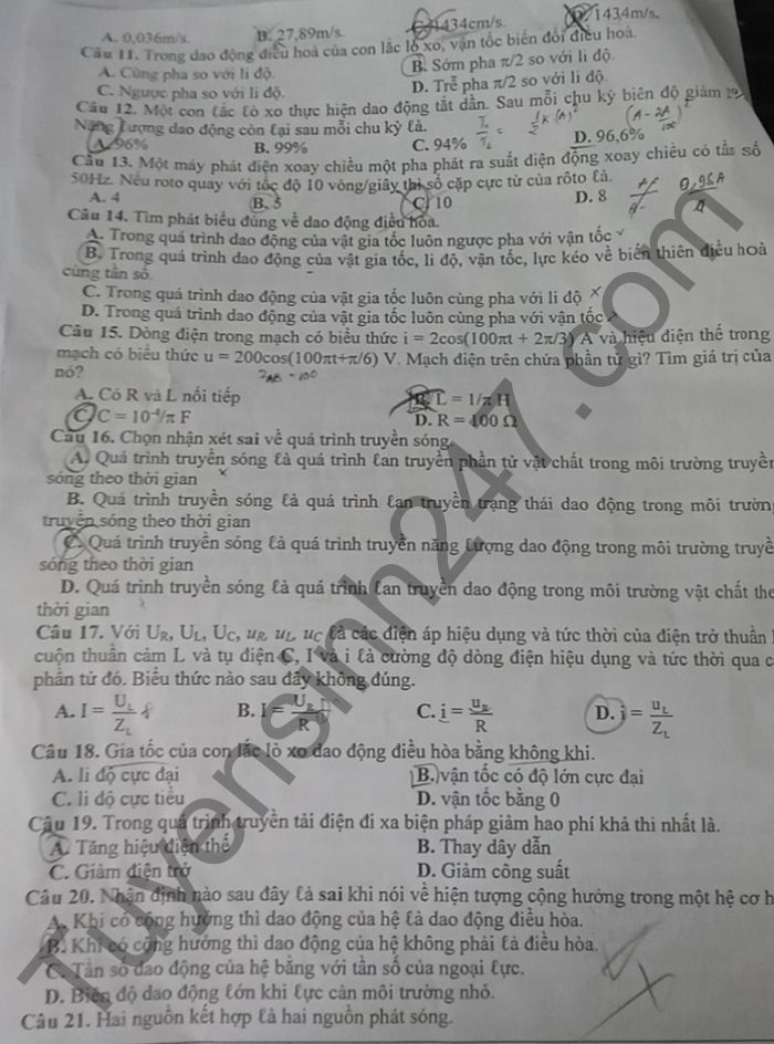 De thi hoc ki 1 mon Ly THPT Binh Giang nam 2021 - lop 12