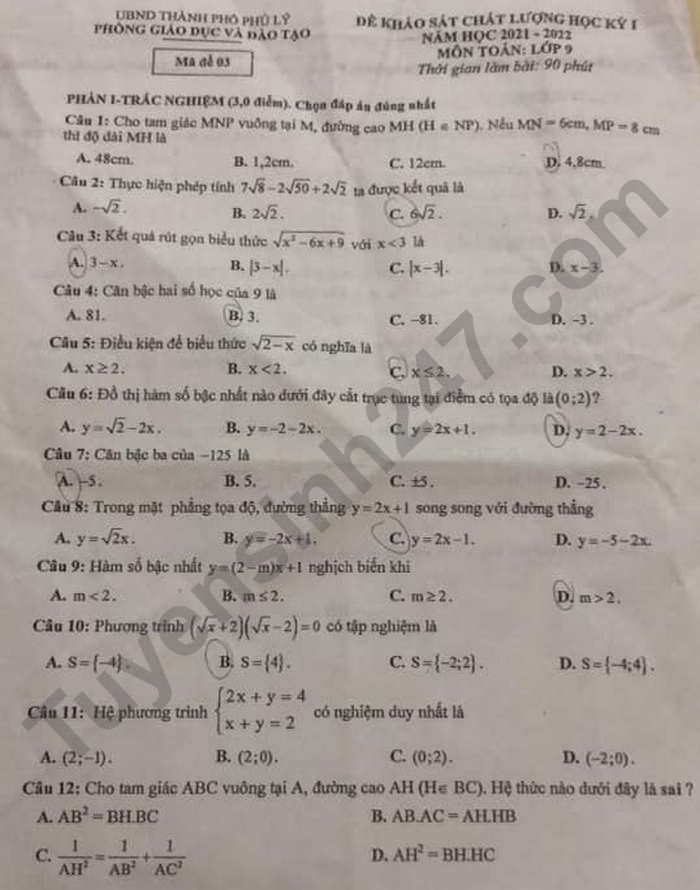 De thi ki 1 nam 2021 mon Toan lop 9 - TP Phu Ly