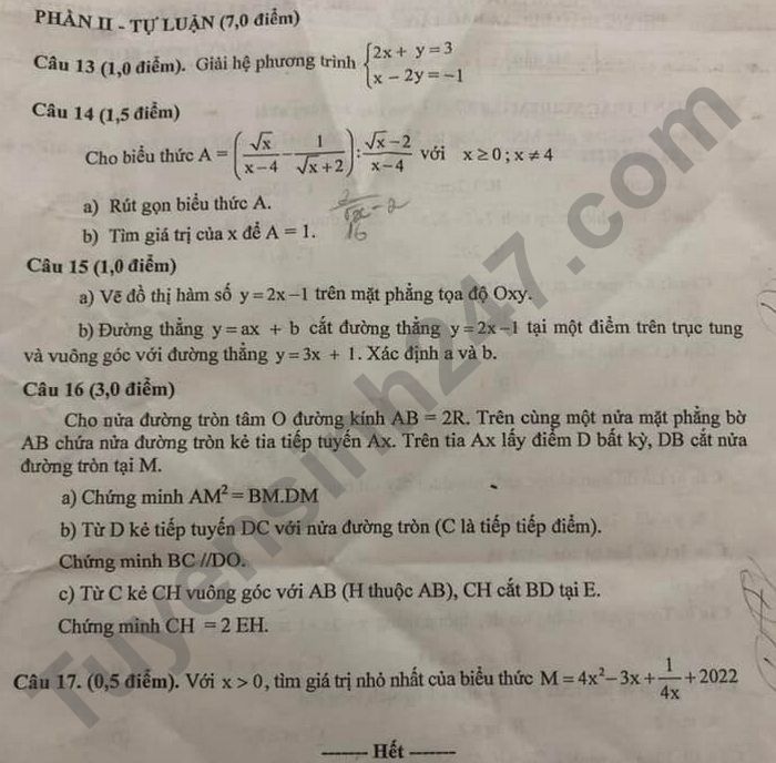 De thi ki 1 nam 2021 mon Toan lop 9 - TP Phu Ly