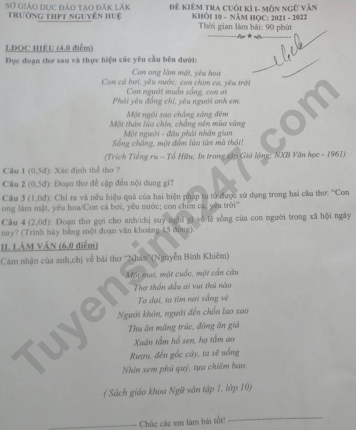 De thi hoc ki 1 mon Van 10 THPT Nguyen Hue 2021