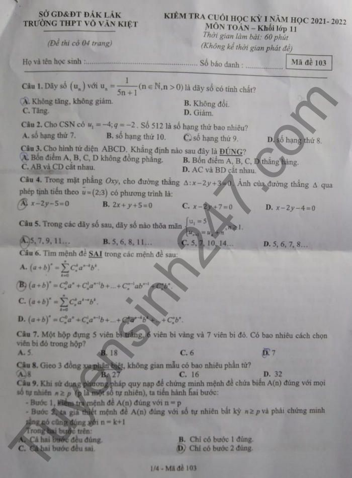 De thi hoc ki 1 THPT Vo Van Kiet 2021 lop 11 mon Toan