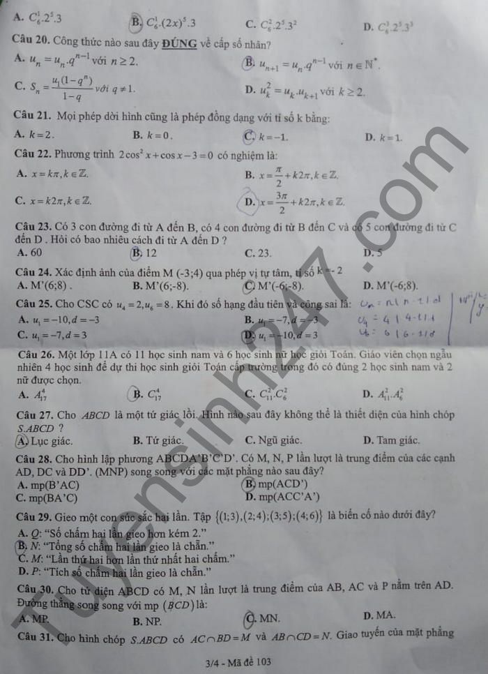 De thi hoc ki 1 THPT Vo Van Kiet 2021 lop 11 mon Toan