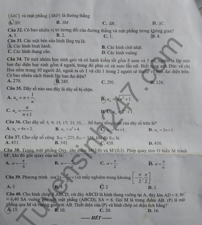 De thi hoc ki 1 THPT Vo Van Kiet 2021 lop 11 mon Toan