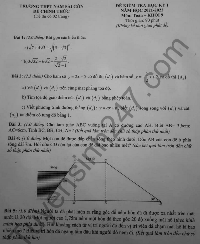 De thi hoc ki 1 THPT Nam Sai Gon mon Toan lop 9 nam 2021