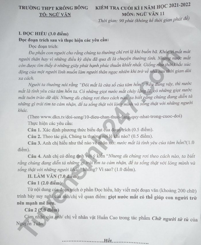 De thi hoc ki 1 mon Van lop 11 THPT Krong Bong nam 2021