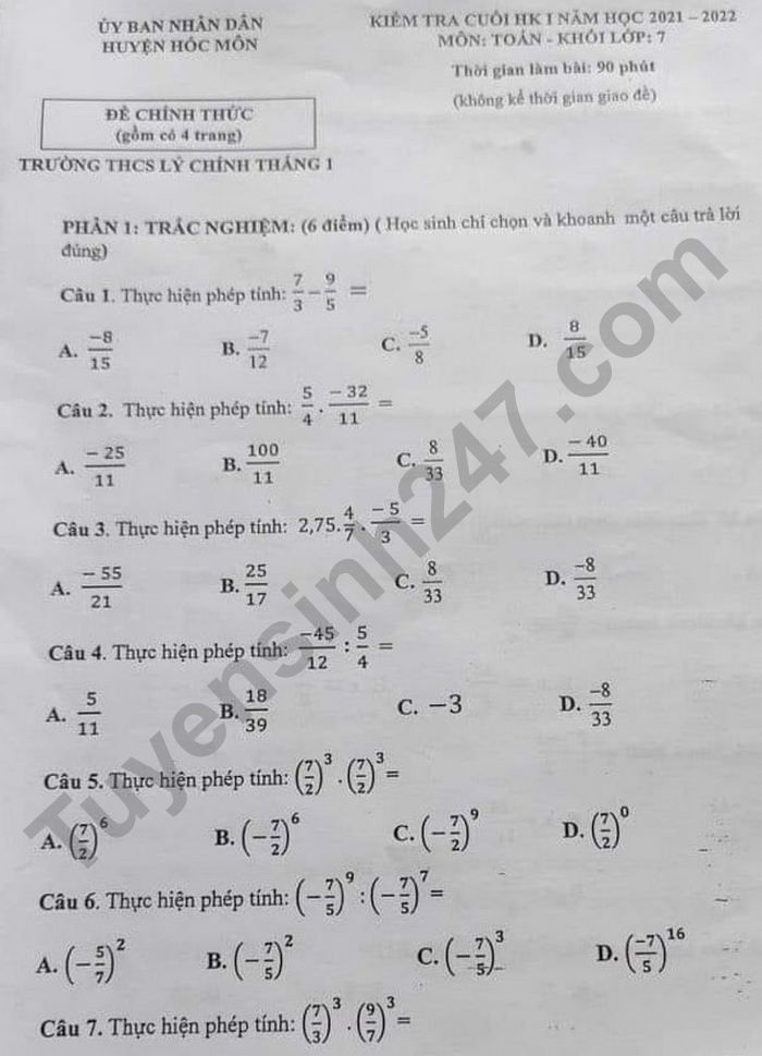 De thi cuoi ki 1 lop 7 mon Toan 2021 - THCS Ly Chinh Thang 1