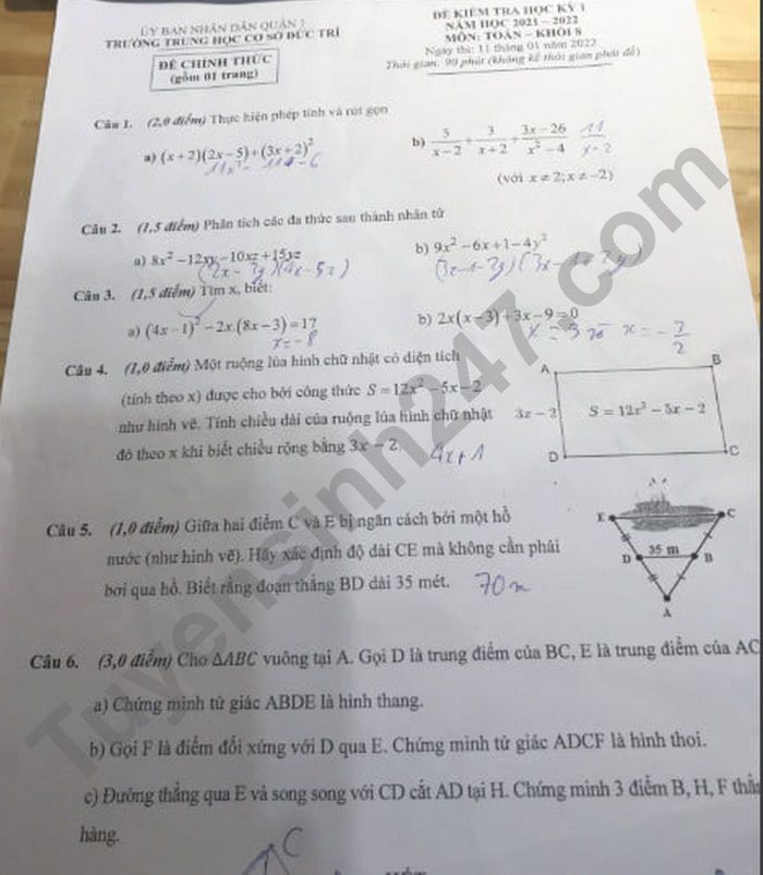 De thi hoc ki 1 THCS Duc Tri nam 2021 - lop 8 mon Toan