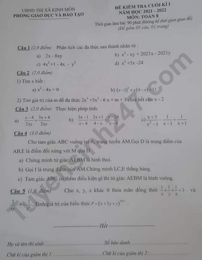 De thi hoc ki 1 mon Toan 8 TX Kinh Mon 2021