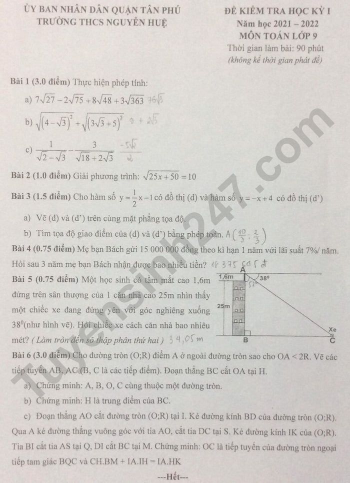 De thi cuoi ki 1 mon Toan lop 9 THCS Nguyen Hue 2021