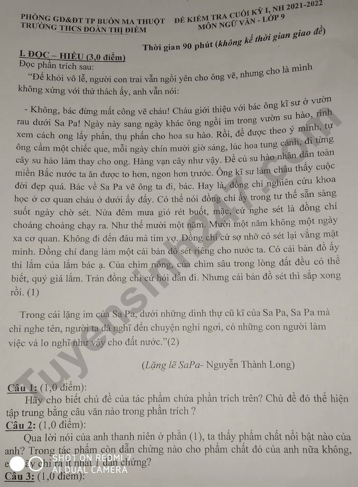 De thi cuoi ki 1 mon Van 9 THCS Doan Thi Diem nam 2021