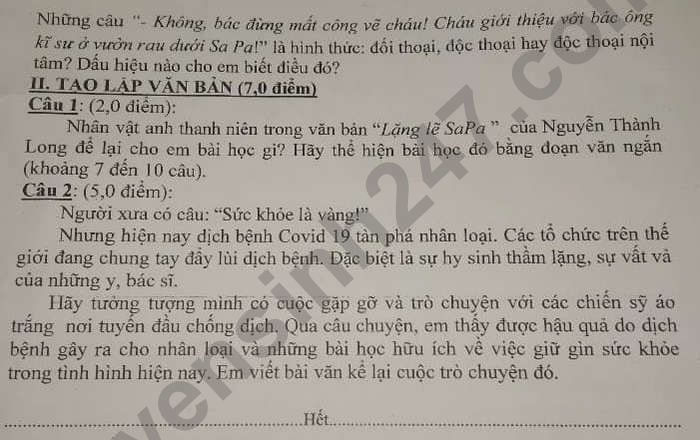 De thi cuoi ki 1 mon Van 9 THCS Doan Thi Diem nam 2021