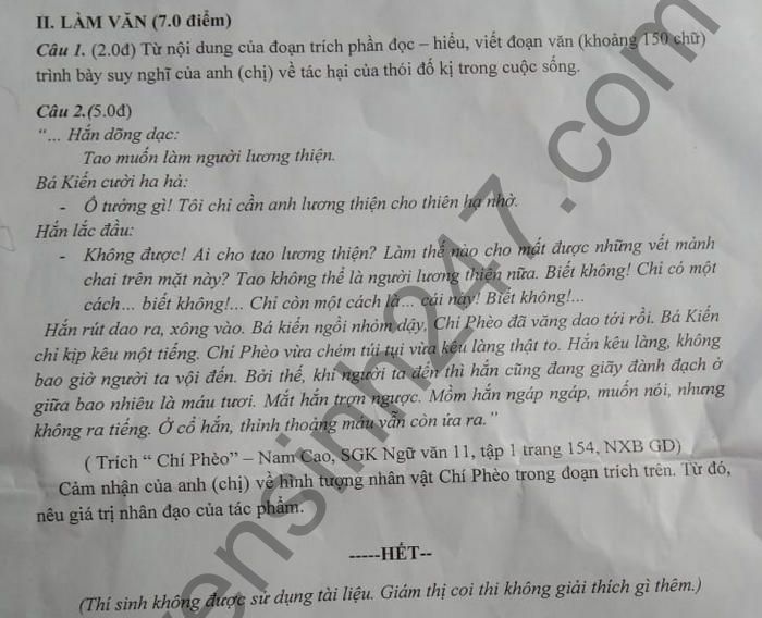 De thi hoc ki 1 lop 11 mon Van THPT Vo Van Kiet 2021