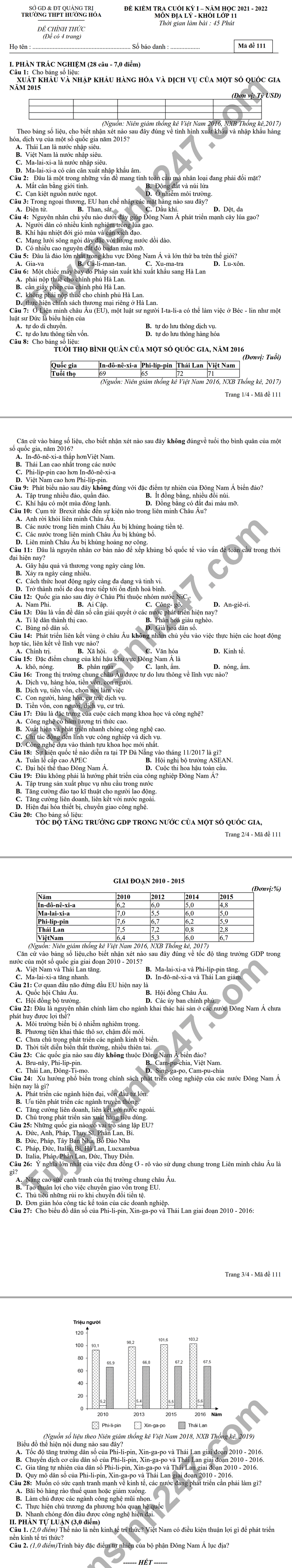 De kiem tra hoc ki 1 THPT Huong Hoa lop 11 mon Dia 2021