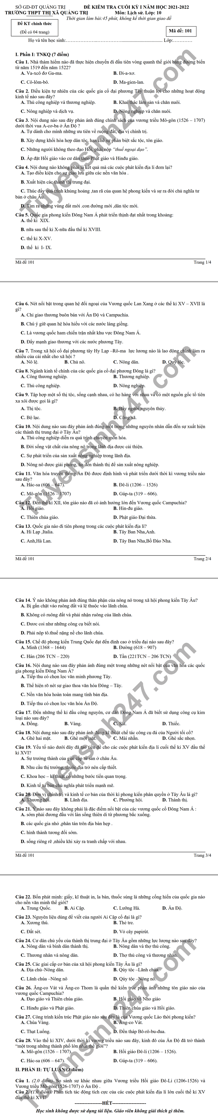 De kiem tra hoc ki 1 lop 10 THPT TX Quang Tri mon Anh 2021
