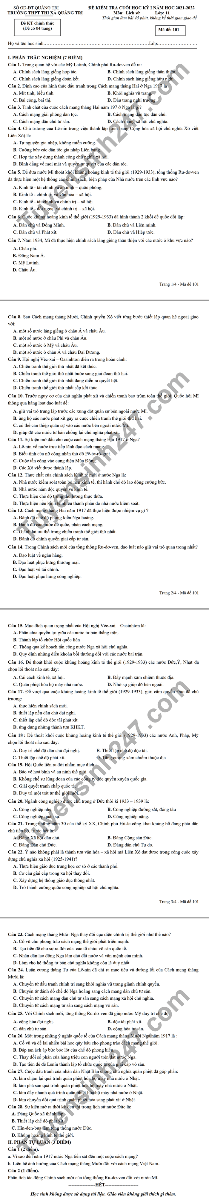 De thi ki 1 2021 mon Su lop 11 THPT TX Quang Tri