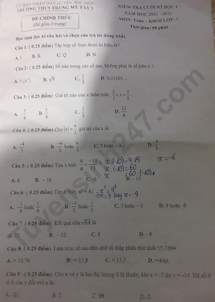 De thi cuoi ki 1 lop 7 mon Toan 2021 - THCS Trung My Tay 1