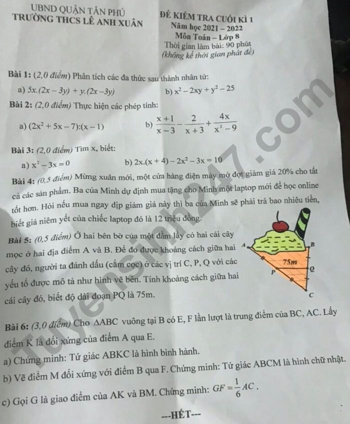 De thi cuoi ki 1 lop 8 mon Toan 2021 THCS Le Anh Xuan