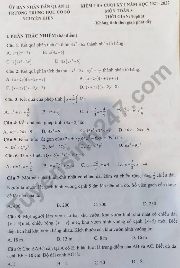 De thi ki 1 nam 2021 - 2022 THCS Nguyen Hien lop 8 mon Toan
