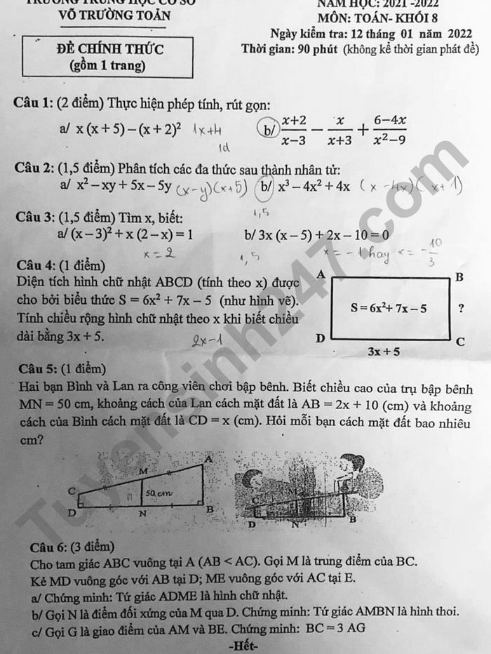 De thi mon Toan lop 8 cuoi ki 1 nam 2021 THCS Vo Truong Toan