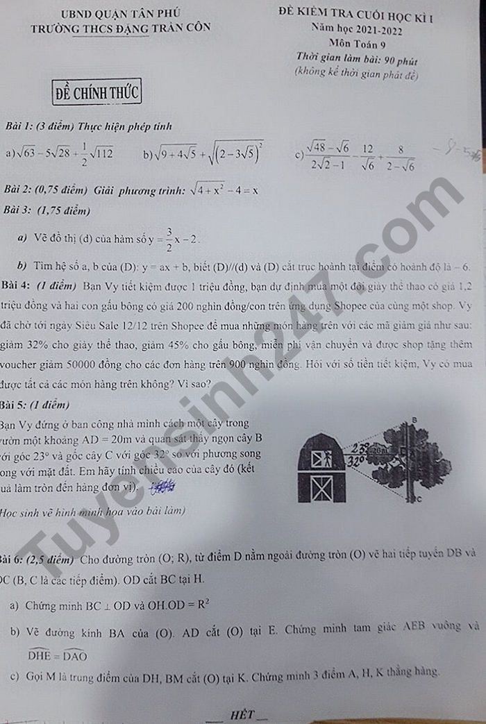 De thi ki 1 lop 9 mon Toan 2021 - THCS Dang Tran Con