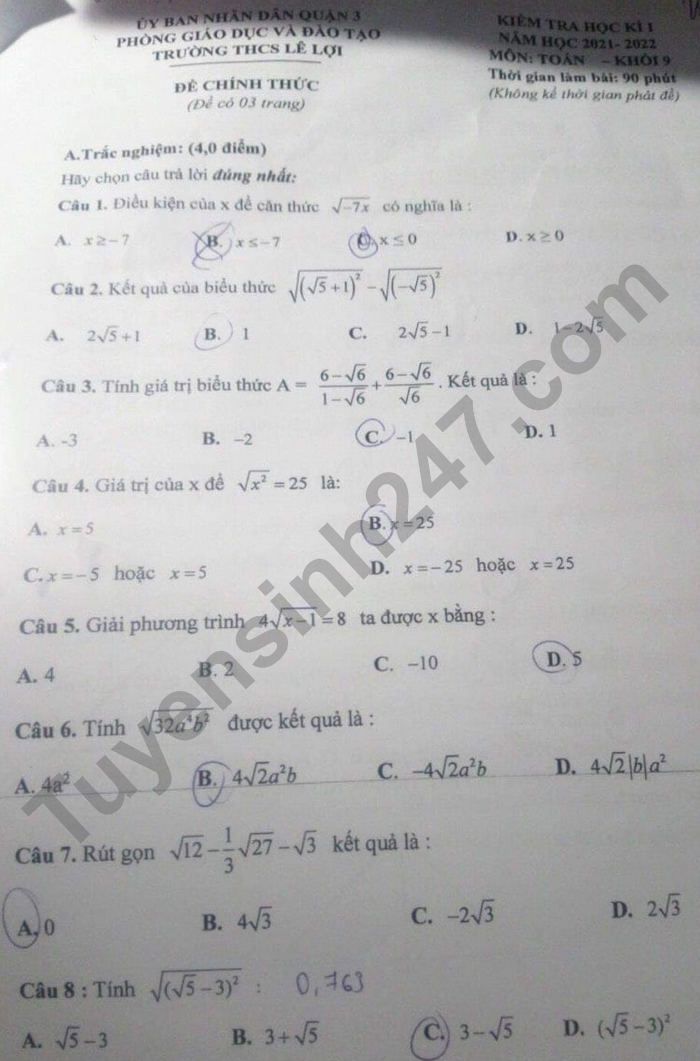 De kiem tra hoc ki 1 THCS Le Loi 2021 - Toan lop 9