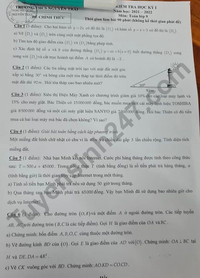De kiem tra hoc ki 1 Toan 9 nam 2021 THCS Nguyen Trai
