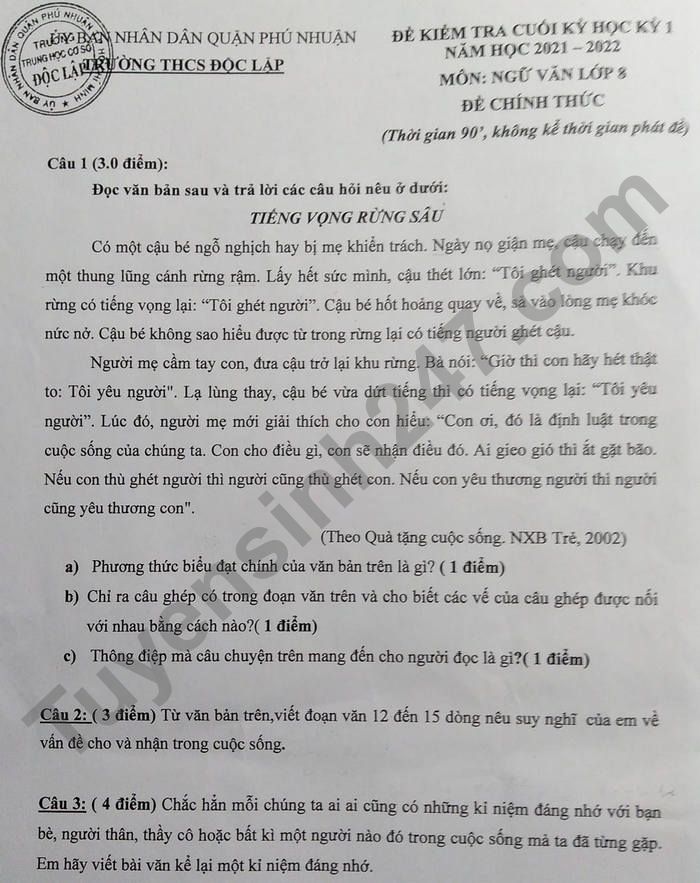 De thi hoc ki 1 mon Van 8 THCS Doc Lap nam 2021